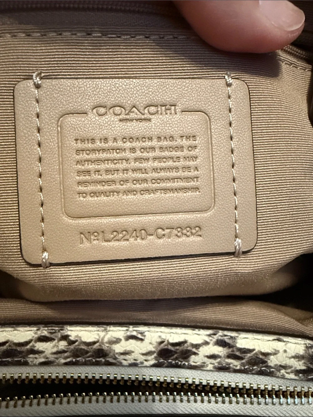 Coach Kristy Signature Beige Canvas Shoulder Bag with Snake-Print Trim